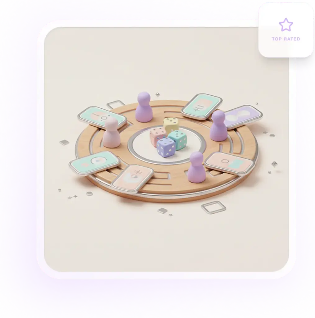 3D-illustratie van een pastel bordspel met dobbelstenen, kaarten en speelfiguren voor Liktoria